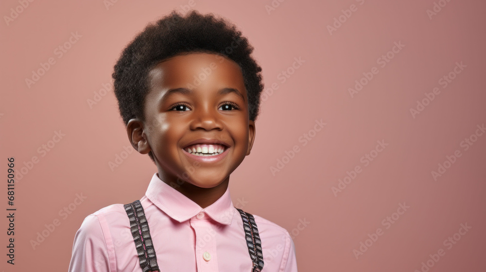 Smiling boy with neat teeth and suspenders, representing dental health and smart appearance. The image is structured as a banner with space for text Smiling boy with neat teeth and suspenders, representing dental health and smart appearance. The image is structured as a banner with space for text