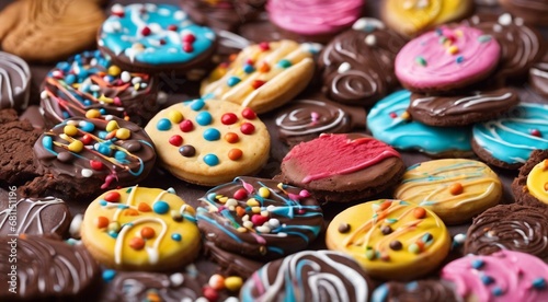 delicious sweets on abstract background, sweets, chocoltae, donuts, sweet colored biscuits © Gegham