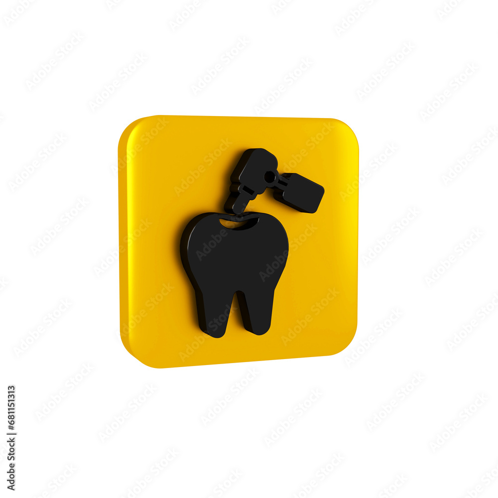 Black Tooth with caries and tooth drill icon isolated on transparent background. Tooth decay. Yellow square button. Black Tooth with caries and tooth drill icon isolated on transparent background. Tooth decay. Yellow square button.