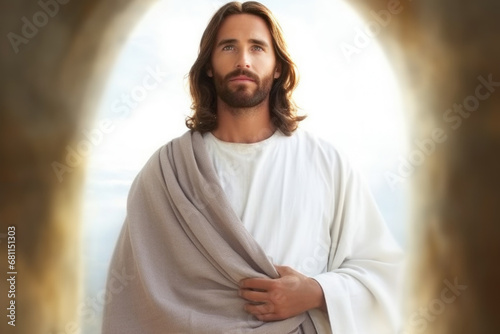 Serene figure of Jesus Christ in white robe, arms open. Concept of spiritual guidance and faith.