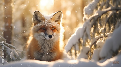 Snowfall in coniferous winter frosty forest close up, morning sun rays breaking through trees with small pretty fox between © shooreeq
