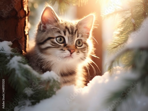 Snowfall in coniferous winter frosty forest close up, bright day sun rays breaking through trees with pretty little kitten between