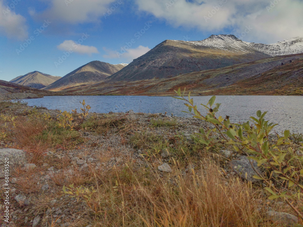 Golden autumn in the Arctic mountains beyond the Arctic Circle. View of a beautiful lake and yellow birches. Mountain peaks in the background. Autumn in the mountains of Khibiny.