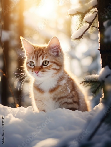 Snowfall in coniferous winter frosty forest close up, bright day sun rays breaking through trees with small pretty kitten between them
