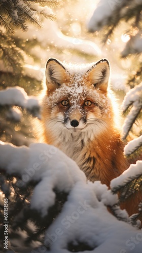Snowfall in coniferous winter frosty forest close up, bright day sun rays breaking through trees with small pretty baby fox between them © shooreeq