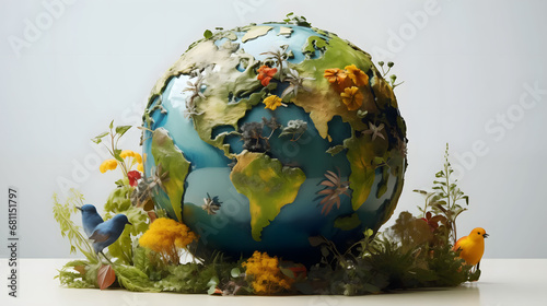A Globe of Plants, Trees, and a Little Bird, Embarking on a Whimsical Journey Through Earth's Verdant Beauty.