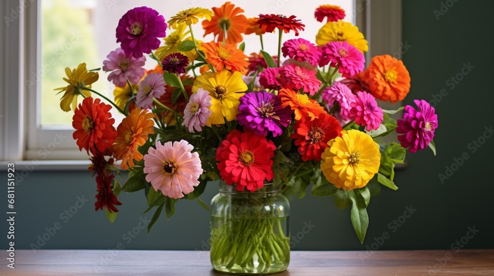 A burst of color with cheerful zinnias, arranged in a playful and vibrant composition.