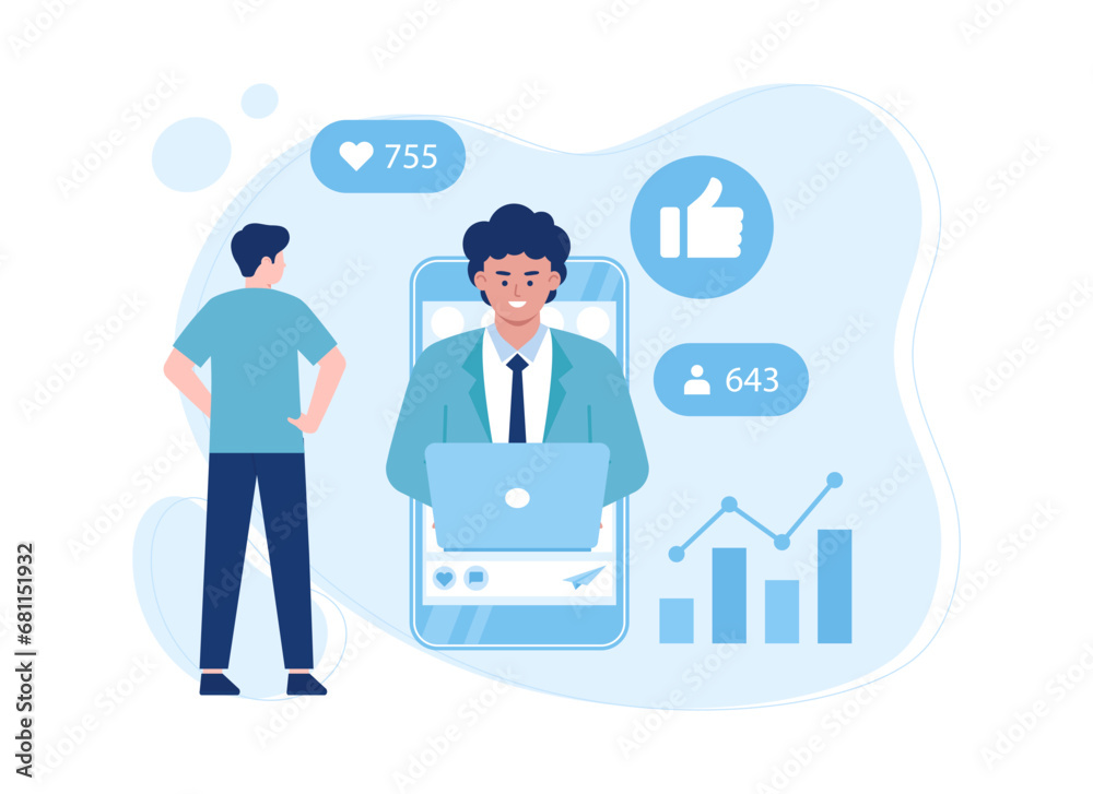 a man addicted to social media concept flat illustration a man addicted to social media concept flat illustration