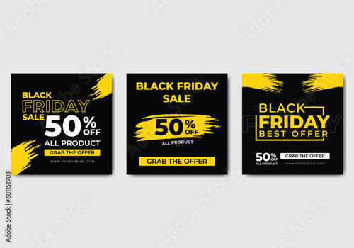 Black Friday Social Media promotion 3 Sale Banner Template Instagram Pack with texture, vector illustration