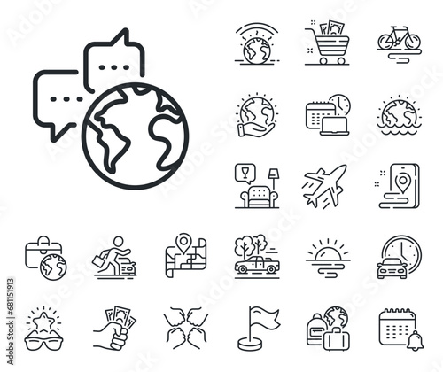 World communication sign. Plane jet, travel map and baggage claim outline icons. Global business line icon. Internet marketing symbol. World communication line sign. Vector