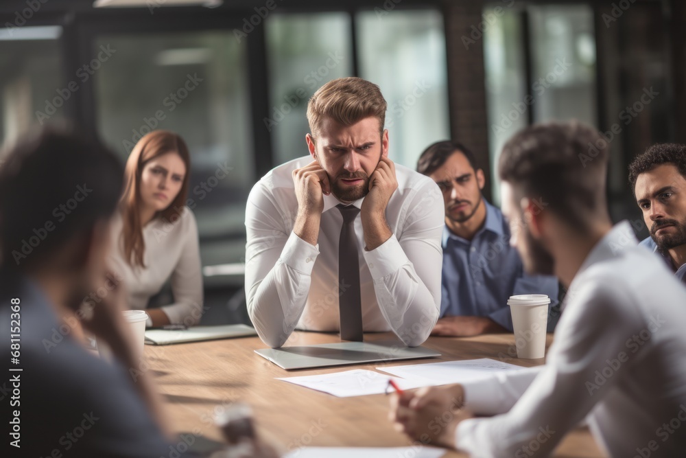 Fototapeta premium An empathetic manager displaying a somber expression while addressing a difficult issue within the team