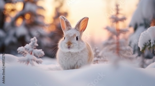 White cute bunny in snowy winter beautiful coniferous forest at sunny day © shooreeq