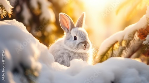 White cute bunny in snowy winter beautiful coniferous forest at sunny morning