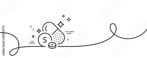 Sulfur mineral line icon. Continuous one line with curl. Chemical element S sign. Capsule or pill symbol. Sulfur mineral single outline ribbon. Loop curve pattern. Vector