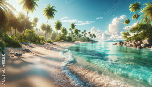 Photorealistic panoramic view of a tropical beach with clear turquoise waters, sandy shores, and lush palm trees © Daniel Jose Queralto