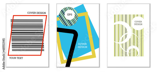 Geometric cover design, set of 3 covers. Abstract unusual background in Memphis style. Bright geometric shapes in random order