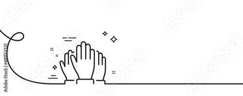Vote hands line icon. Continuous one line with curl. Election voting sign. Volunteers or referendum symbol. Vote single outline ribbon. Loop curve pattern. Vector