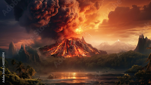 An erupting volcano in a tropical rainforest photo