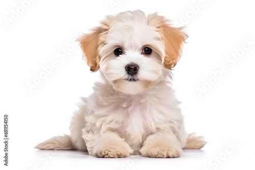 Adorable white puppy with a cute and happy expression in the studio.