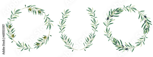 Watercolor olive wreaths. Circle and oval border frames, green and black fruits. Isolated on white background. Hand drawn botanical illustration. Can be used for cards, logos and food design.