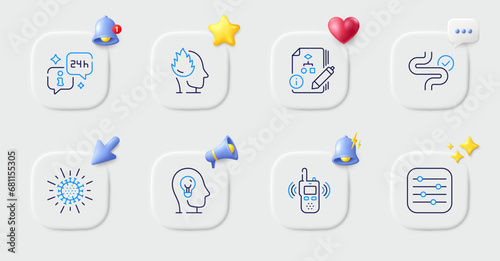 Digestion, Algorithm and Filter line icons. Buttons with 3d bell, chat speech, cursor. Pack of Coronavirus, Transmitter, Mental health icon. Info, Stress pictogram. For web app, printing. Vector