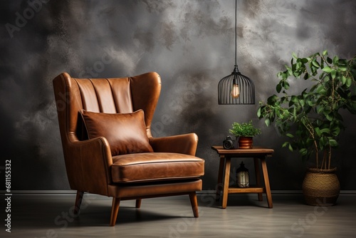 A brown leather wingback chair stands near a window, with a stucco wall as its backdrop, embodying the home interior design of a modern living room