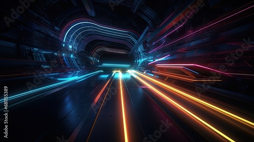 Hyperspace journey zooming through a tunnel filled orange and blue neon lights photo