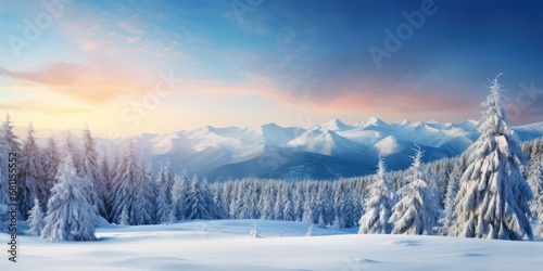Behold a breathtaking winter landscape where snow-covered fir trees stand proudly against a backdrop of frozen trees atop a frosty mountain. The scene captures the majestic beauty of winter 