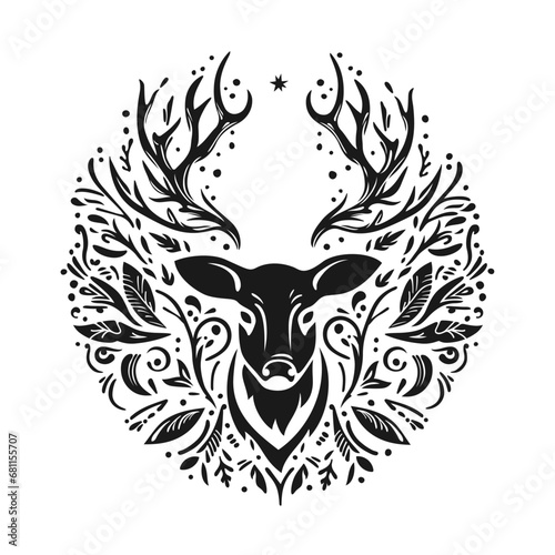 Poster with natural ornament, deer, moose with horns, antlers. Plant elements, twigs, leaves. Vector illustration for typography. Print to sticker, banner, tattoo design, flyer, web, advertising