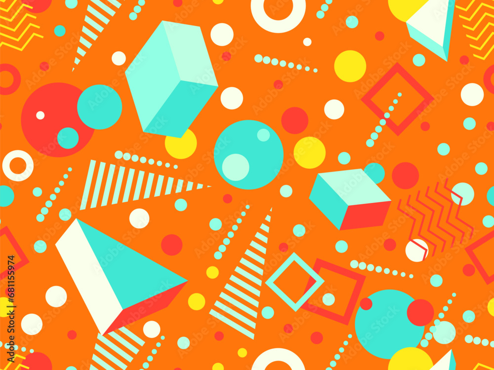 3D geometric seamless pattern in 80s style. 3d isometric triangles, zigzags and circles. Geometric memphis style. Design for promotional products, wrapping paper and printing. Vector illustration 3D geometric seamless pattern in 80s style. 3d isometric triangles, zigzags and circles. Geometric memphis style. Design for promotional products, wrapping paper and printing. Vector illustration