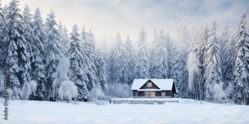 solitary home stands nestled in the midst of a wintertime pine forest. The snow-covered landscape enhances the sense of isolation, creating a serene and picturesque scene that epitomizes  © SurfacePatterns