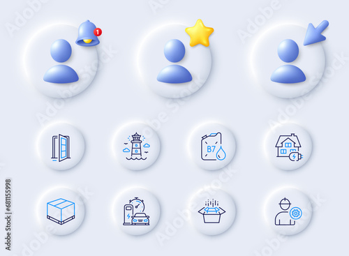 Charging station, Packing boxes and Home charging line icons. Placeholder with 3d cursor, bell, star. Pack of Open door, Diesel canister, Lighthouse icon. Engineer, Delivery box pictogram. Vector