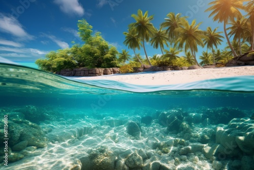 Tropical beach paradise during summer, with palm trees, white sands, and crystal-clear water