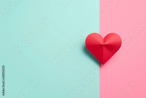 red paper heart on a blue and pink background photo