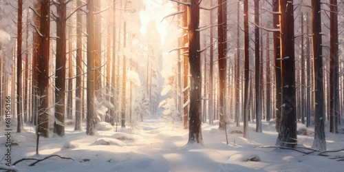 enchantment of a winter pine forest at sunrise or sunset, where rows of pine trunks are kissed by the sun's rays, filtered through falling snow. The scene unfolds in a tranquil symphony of nature © SurfacePatterns