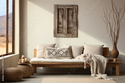 A fabric wall hanging adorns a beige wall above a wooden stool with a textile plaid, showcasing boho, ethnic, and rustic style home interior design in a modern living room photo