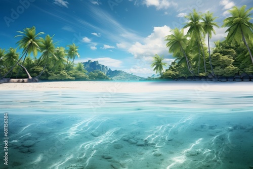 Tropical beach paradise during summer  with palm trees  white sands  and crystal-clear water