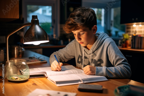 A teenager doing homework at home alone