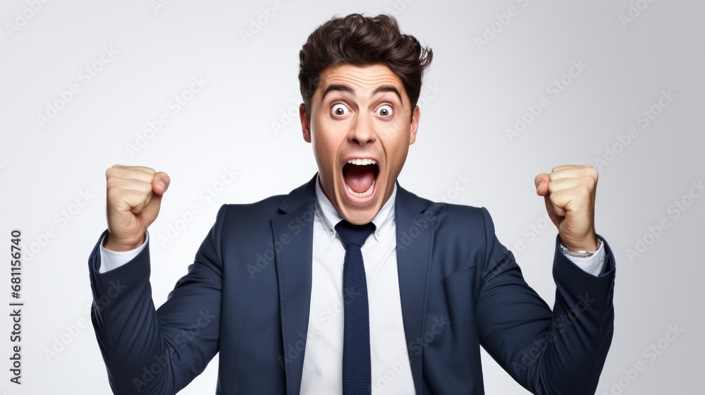 Exuberant businessman celebrating victory, with a wide-open mouth and clenched fists, conveying intense joy and success. Exuberant businessman celebrating victory, with a wide-open mouth and clenched fists, conveying intense joy and success.