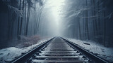 railroad tracks through a foggy winter snowy forest. ai generative