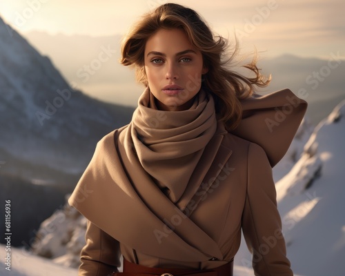 Ethereal beauty with flowing blonde hair wrapped in a cozy scarf against a snowy backdrop, embodying a winter's dream.