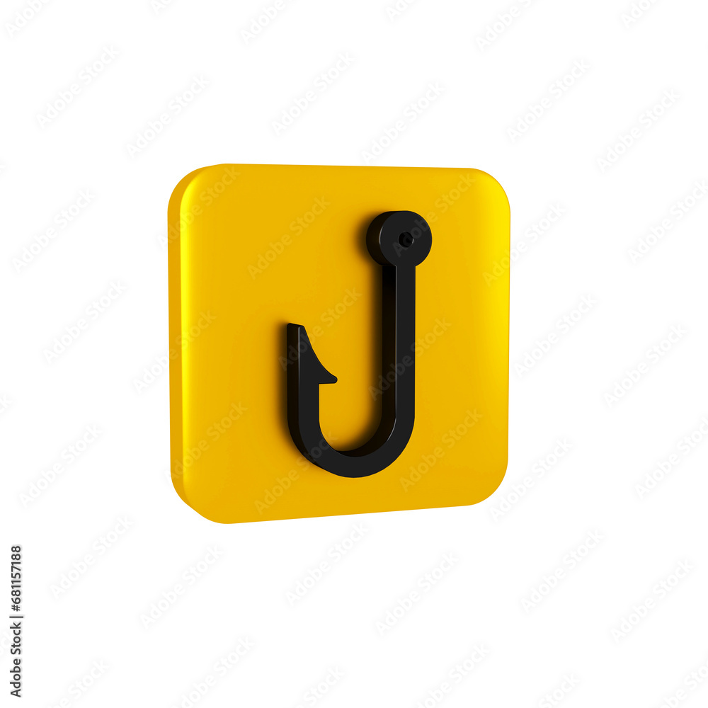 Black Fishing hook icon isolated on transparent background. Fishing tackle. Yellow square button. Black Fishing hook icon isolated on transparent background. Fishing tackle. Yellow square button.
