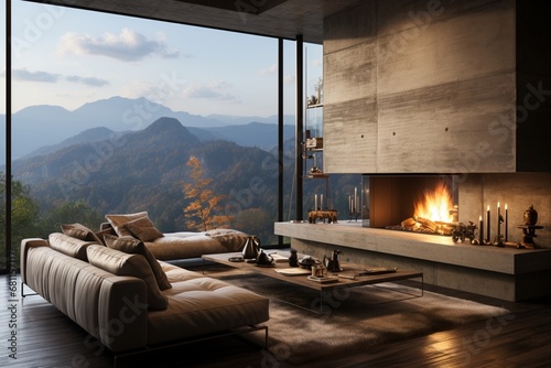 A fireplace graces a room with a concrete wall, embodying the loft minimalist style home interior design of a modern living room equipped with a TV and a panorama view © Newton