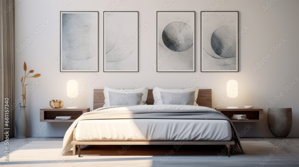 a contemporary bedroom with a white bedframe and gray nightstands and a minimalist painting on the wall