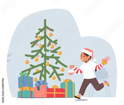 Joyful Boy Character Adorns The Christmas Tree With Colorful Ornaments, his Face Illuminated By The Warm Holiday Glow