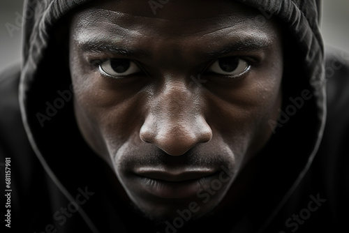 Close-up portrait of an African American confident man in a black hood looking at camera
