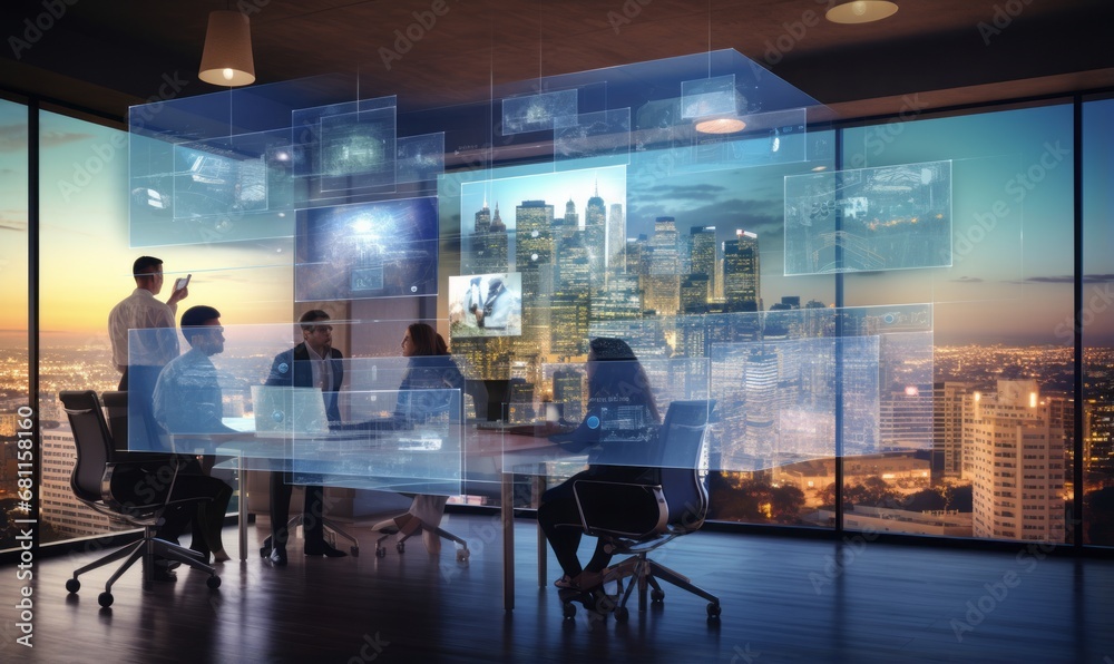 Design an image of a virtual office meeting, with colleagues connecting from different locations through video conferencing technology Design an image of a virtual office meeting, with colleagues connecting from different locations through video conferencing technology