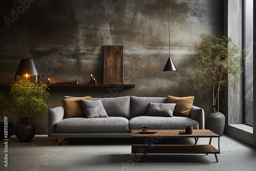 A grey sofa stands against a window in a grunge room with concrete walls, exemplifying the loft home interior design of a modern living room