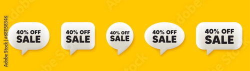 Sale 40 percent off discount. 3d chat speech bubbles set. Promotion price offer sign. Retail badge symbol. Sale talk speech message. Talk box infographics. Vector photo