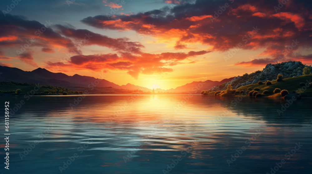 a colorful sunset over a lake surrounded by rolling hills and mountains